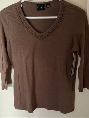Tribal Brown V-Neck Long Sleeve Top with Ruffle Trim